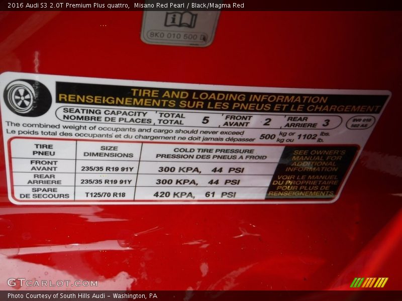 Misano Red Pearl / Black/Magma Red 2016 Audi S3 2.0T Premium Plus quattro
