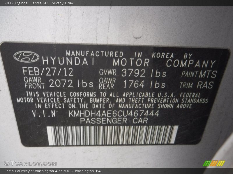 Silver / Gray 2012 Hyundai Elantra GLS