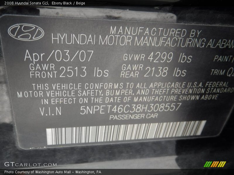 Ebony Black / Beige 2008 Hyundai Sonata GLS