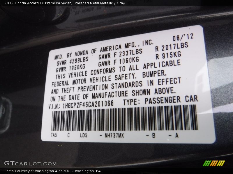 Polished Metal Metallic / Gray 2012 Honda Accord LX Premium Sedan