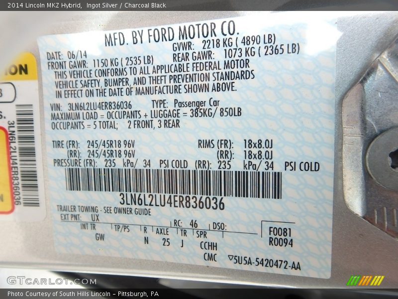 Ingot Silver / Charcoal Black 2014 Lincoln MKZ Hybrid