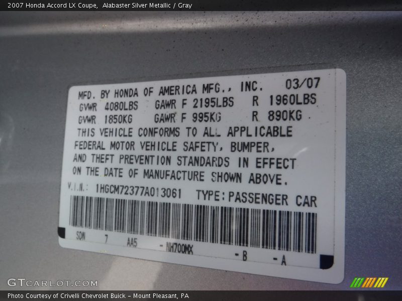 Alabaster Silver Metallic / Gray 2007 Honda Accord LX Coupe