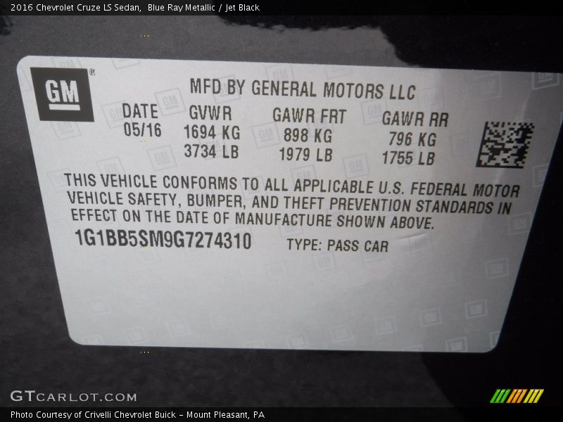 Blue Ray Metallic / Jet Black 2016 Chevrolet Cruze LS Sedan