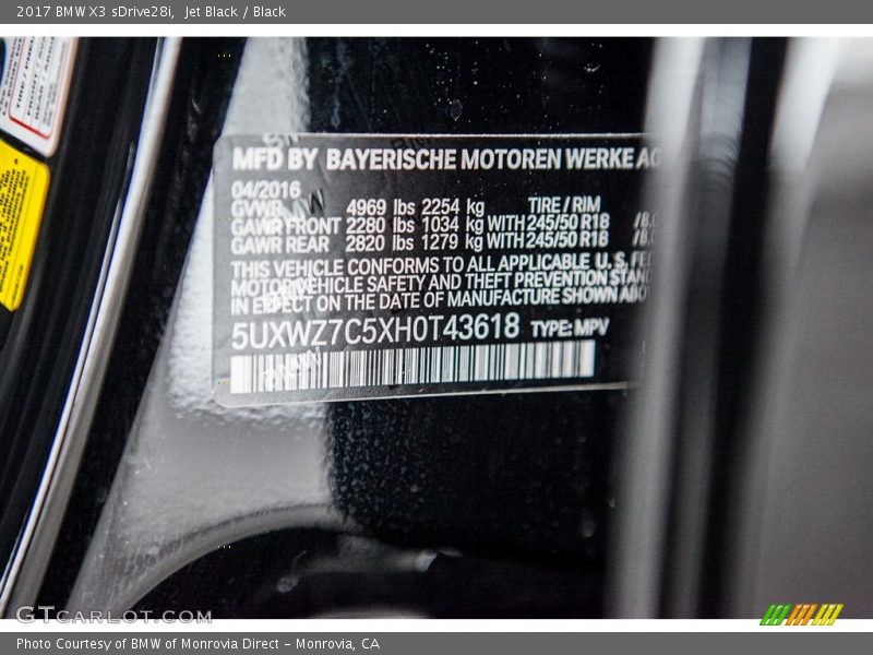 Jet Black / Black 2017 BMW X3 sDrive28i