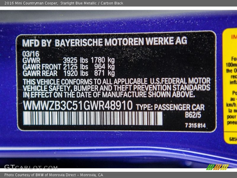 Starlight Blue Metallic / Carbon Black 2016 Mini Countryman Cooper