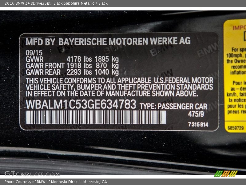 Black Sapphire Metallic / Black 2016 BMW Z4 sDrive35is