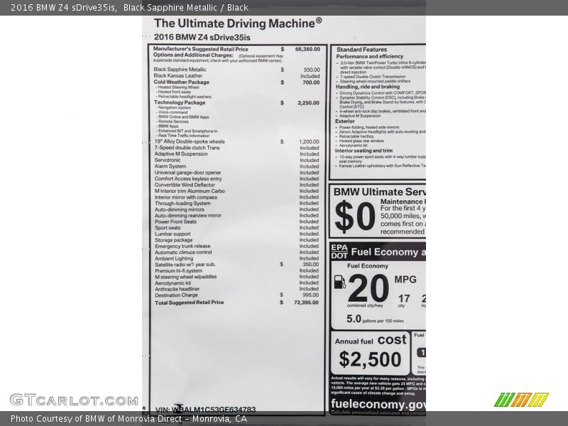  2016 Z4 sDrive35is Window Sticker