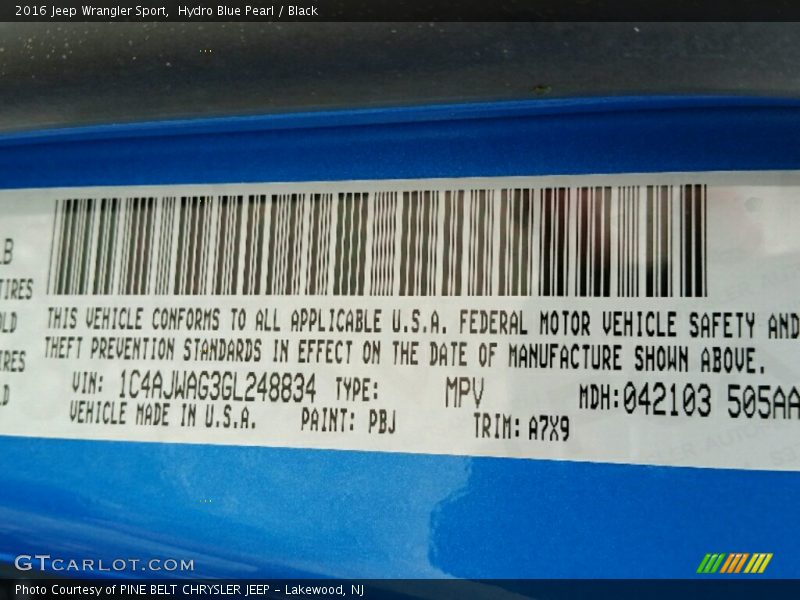 Hydro Blue Pearl / Black 2016 Jeep Wrangler Sport