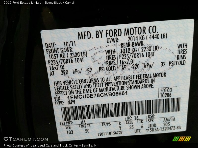 Ebony Black / Camel 2012 Ford Escape Limited