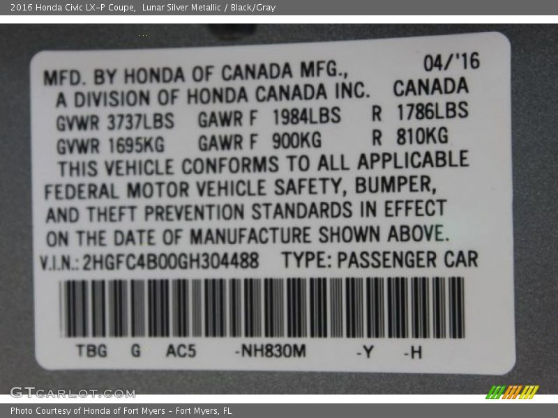 Lunar Silver Metallic / Black/Gray 2016 Honda Civic LX-P Coupe