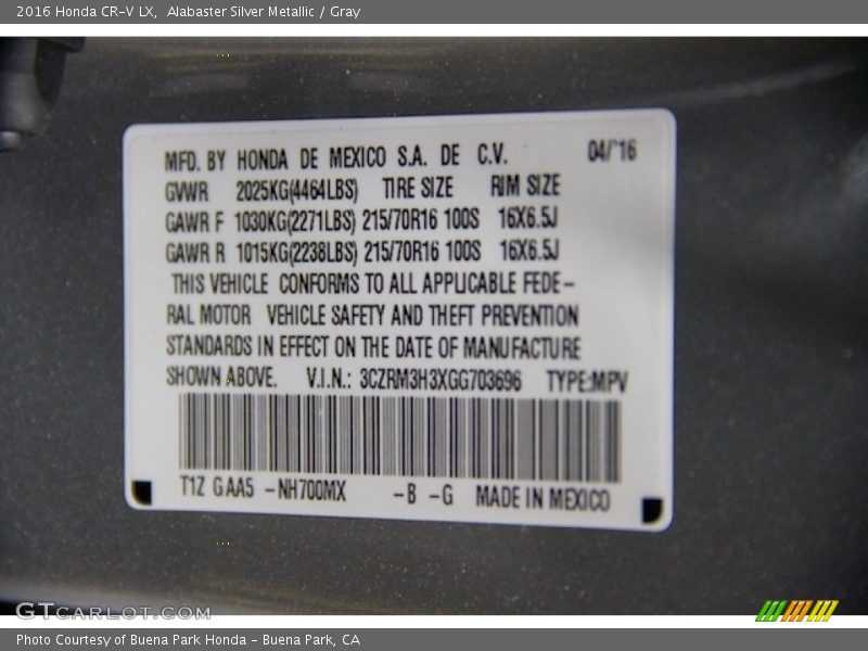 Alabaster Silver Metallic / Gray 2016 Honda CR-V LX