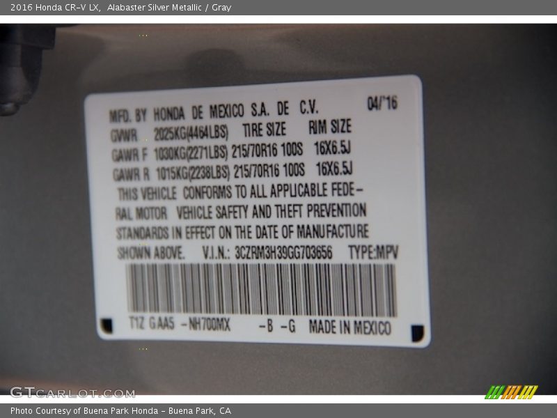 Alabaster Silver Metallic / Gray 2016 Honda CR-V LX