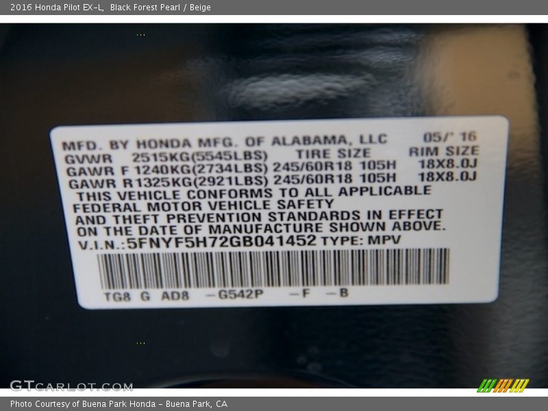 2016 Pilot EX-L Black Forest Pearl Color Code G542P