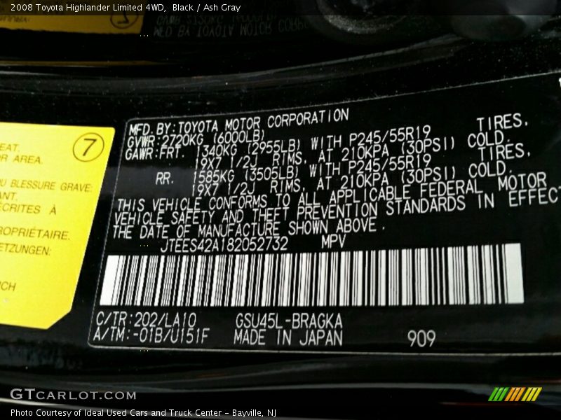Black / Ash Gray 2008 Toyota Highlander Limited 4WD