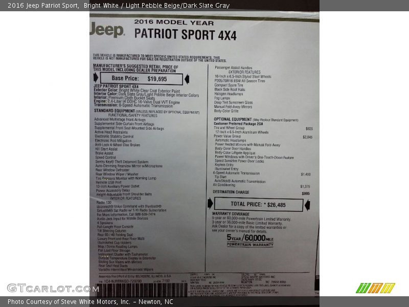 Bright White / Light Pebble Beige/Dark Slate Gray 2016 Jeep Patriot Sport