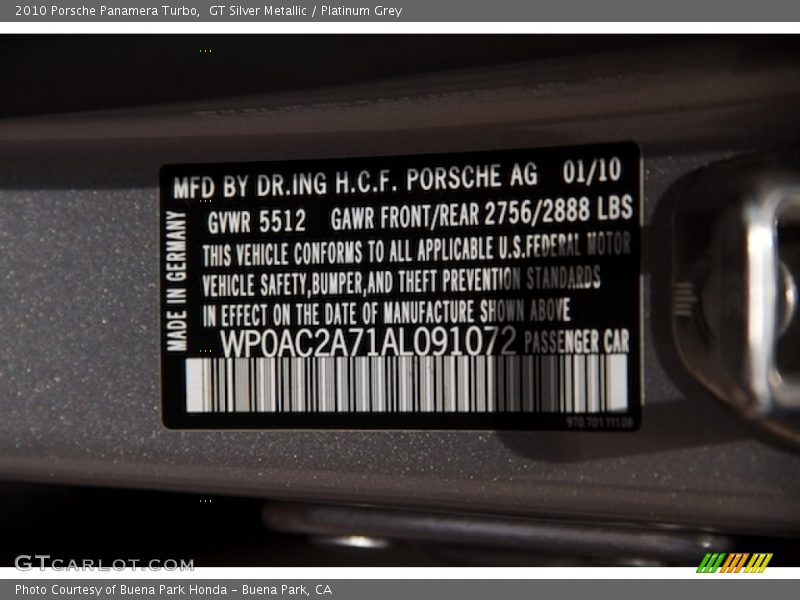 GT Silver Metallic / Platinum Grey 2010 Porsche Panamera Turbo