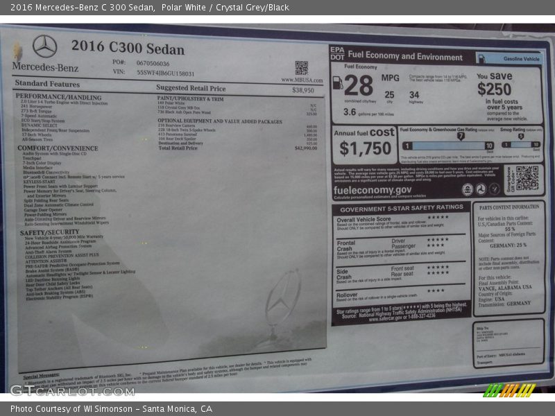 Polar White / Crystal Grey/Black 2016 Mercedes-Benz C 300 Sedan