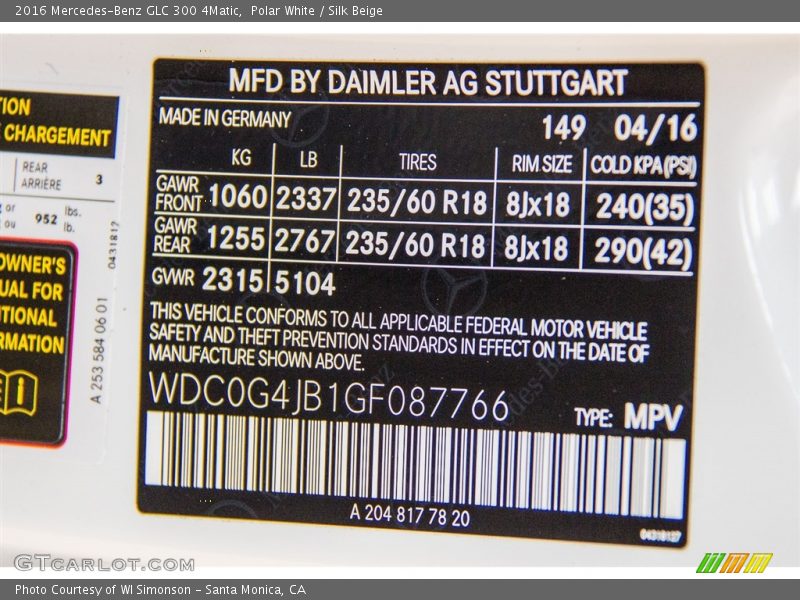 Polar White / Silk Beige 2016 Mercedes-Benz GLC 300 4Matic