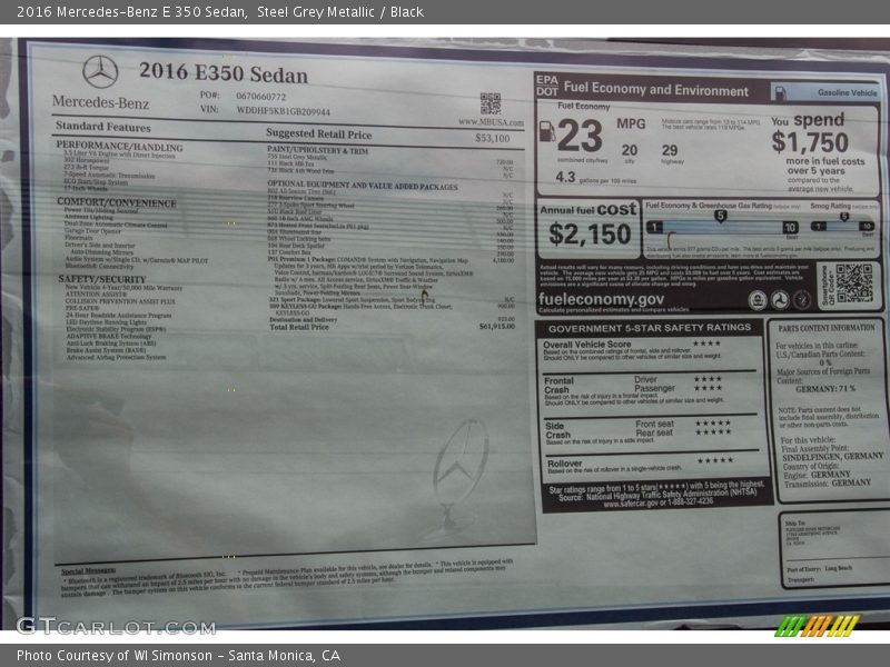 Steel Grey Metallic / Black 2016 Mercedes-Benz E 350 Sedan