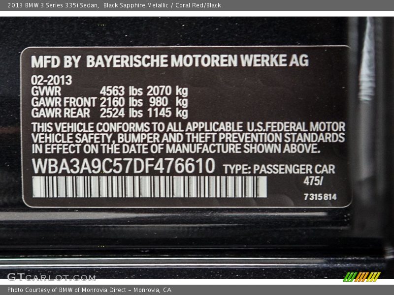 Black Sapphire Metallic / Coral Red/Black 2013 BMW 3 Series 335i Sedan