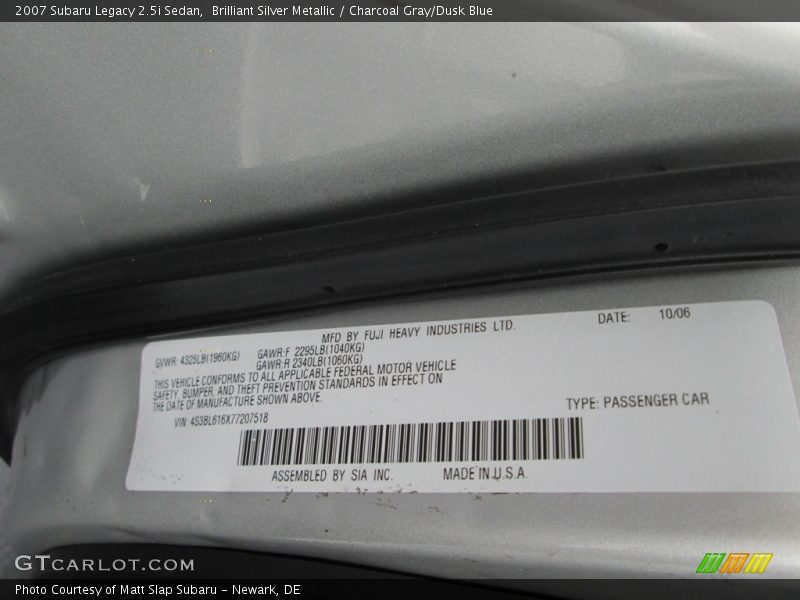 Brilliant Silver Metallic / Charcoal Gray/Dusk Blue 2007 Subaru Legacy 2.5i Sedan