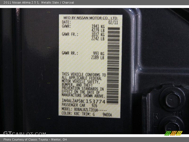 Metallic Slate / Charcoal 2011 Nissan Altima 2.5 S