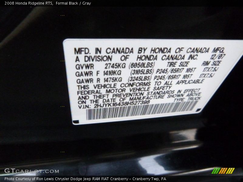 Formal Black / Gray 2008 Honda Ridgeline RTS