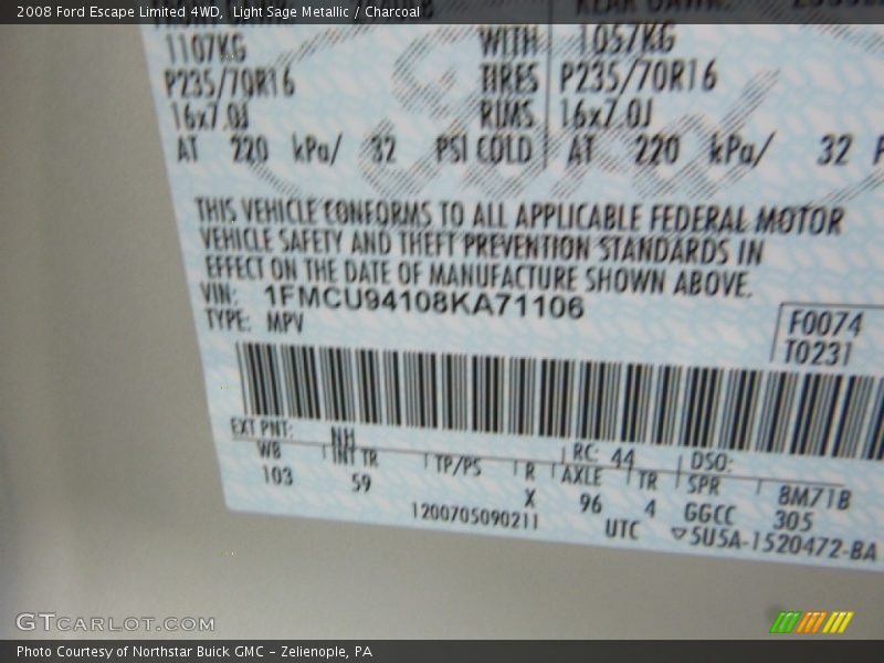 Light Sage Metallic / Charcoal 2008 Ford Escape Limited 4WD