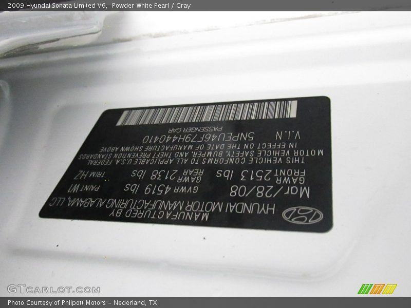 Powder White Pearl / Gray 2009 Hyundai Sonata Limited V6