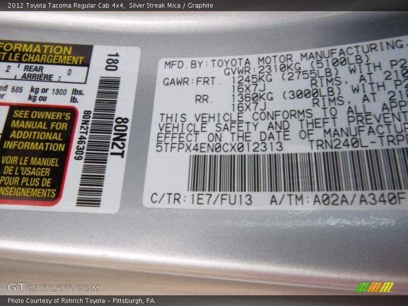 Silver Streak Mica / Graphite 2012 Toyota Tacoma Regular Cab 4x4