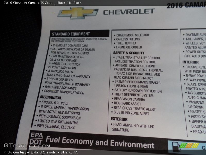  2016 Camaro SS Coupe Window Sticker