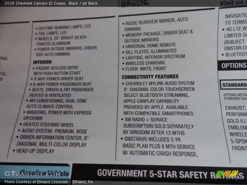  2016 Camaro SS Coupe Window Sticker