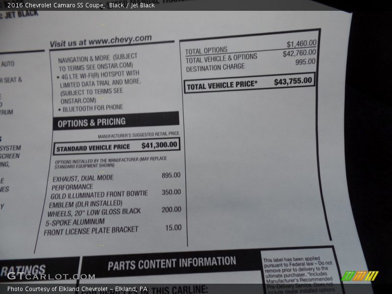  2016 Camaro SS Coupe Window Sticker