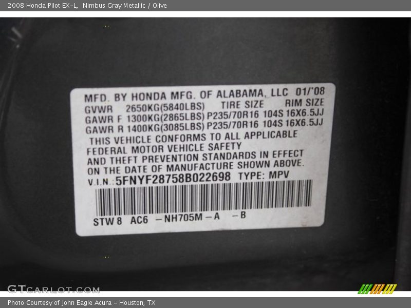 Nimbus Gray Metallic / Olive 2008 Honda Pilot EX-L