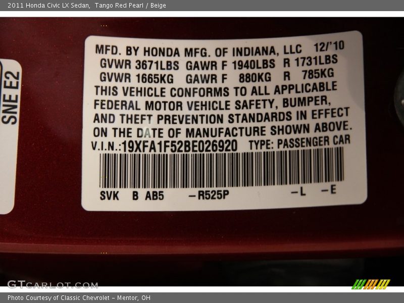 Tango Red Pearl / Beige 2011 Honda Civic LX Sedan