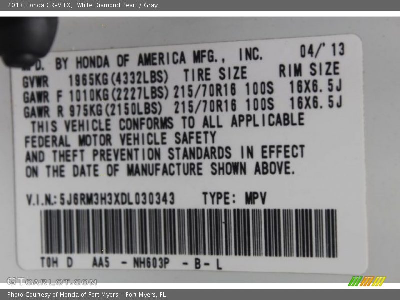 White Diamond Pearl / Gray 2013 Honda CR-V LX
