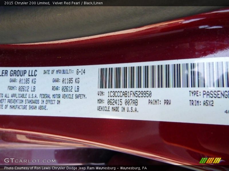 Velvet Red Pearl / Black/Linen 2015 Chrysler 200 Limited