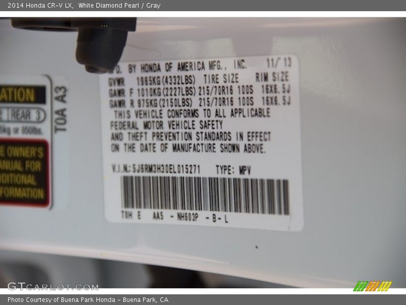 White Diamond Pearl / Gray 2014 Honda CR-V LX