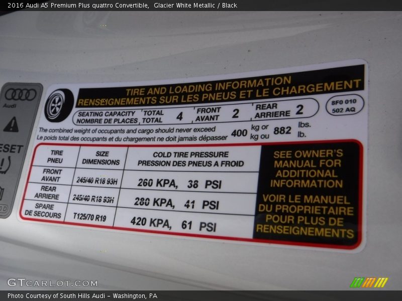 Glacier White Metallic / Black 2016 Audi A5 Premium Plus quattro Convertible