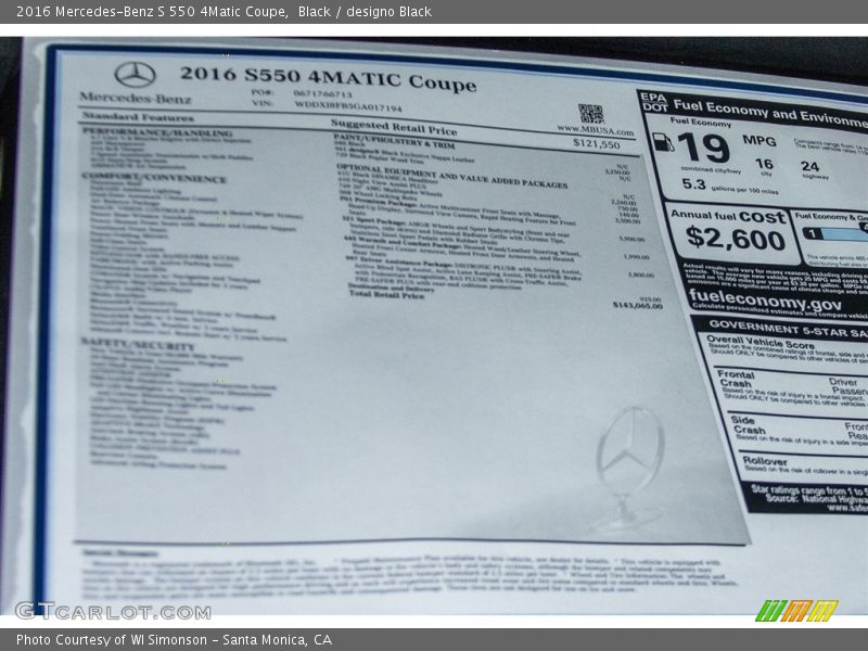  2016 S 550 4Matic Coupe Window Sticker