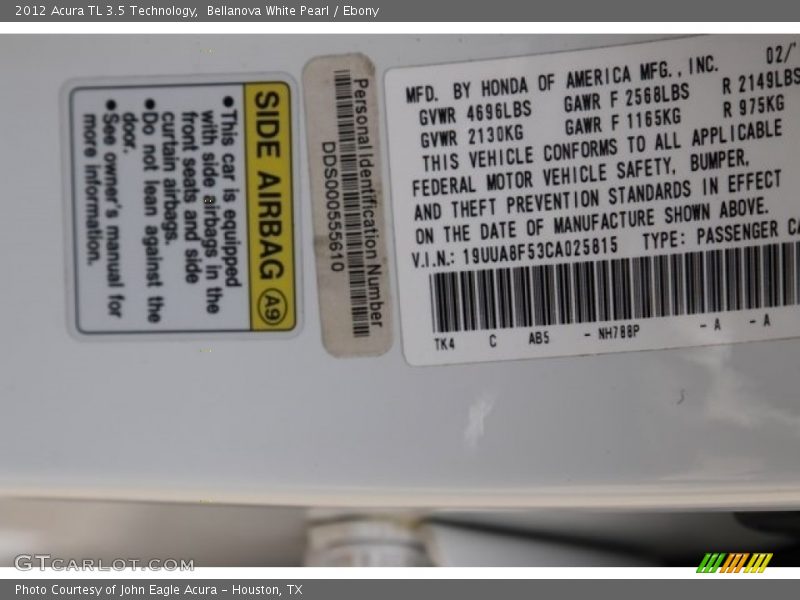 Bellanova White Pearl / Ebony 2012 Acura TL 3.5 Technology