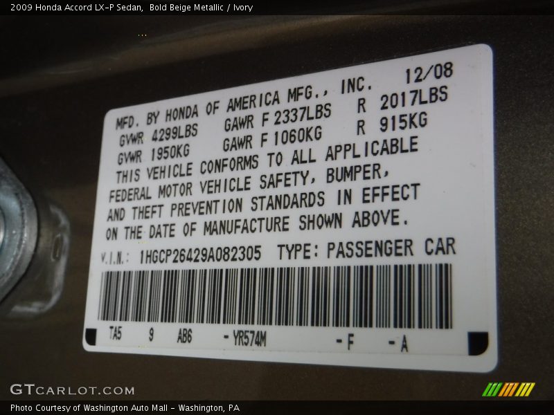 Bold Beige Metallic / Ivory 2009 Honda Accord LX-P Sedan