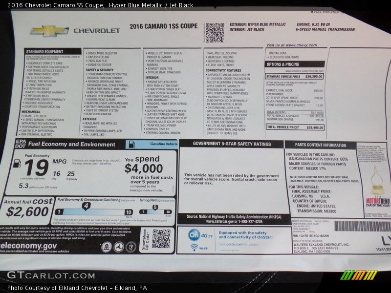  2016 Camaro SS Coupe Window Sticker