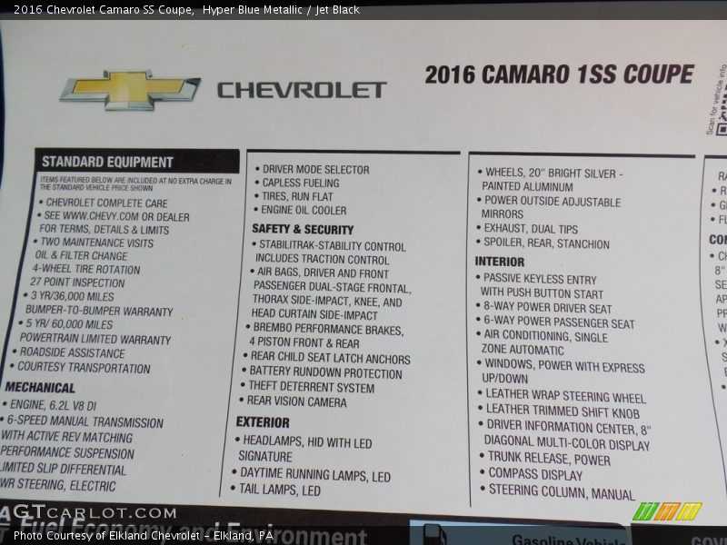  2016 Camaro SS Coupe Window Sticker