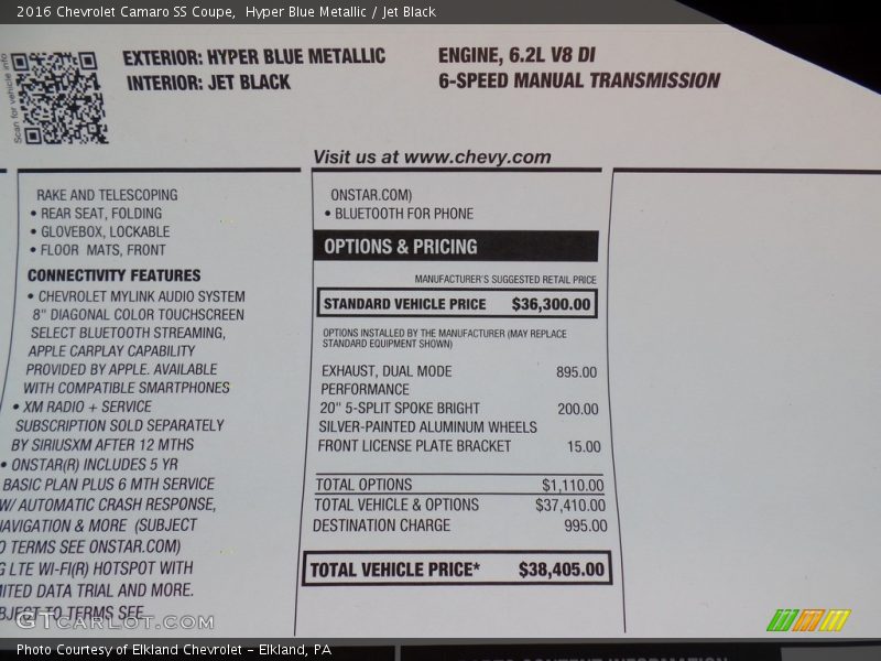  2016 Camaro SS Coupe Window Sticker