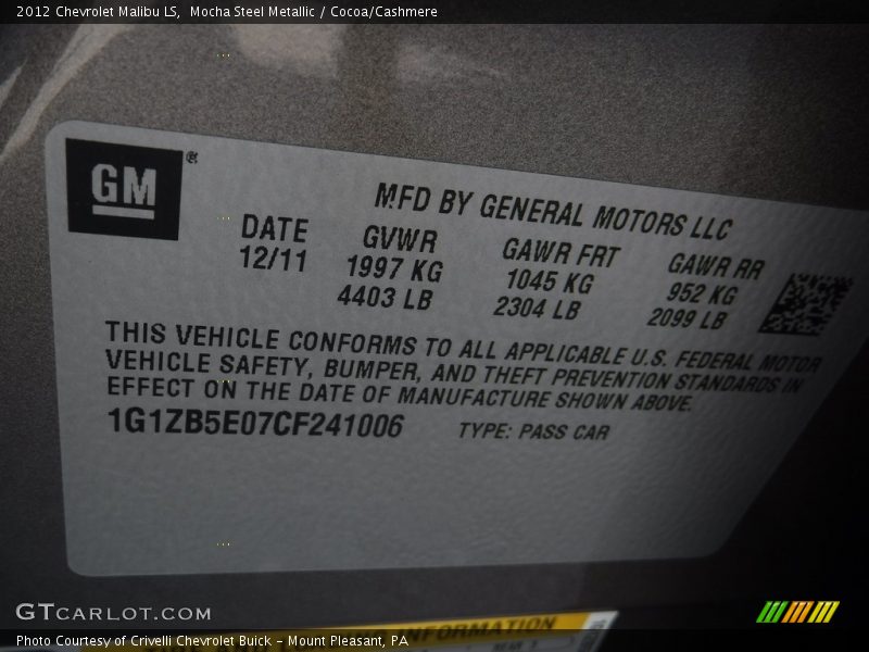 Mocha Steel Metallic / Cocoa/Cashmere 2012 Chevrolet Malibu LS