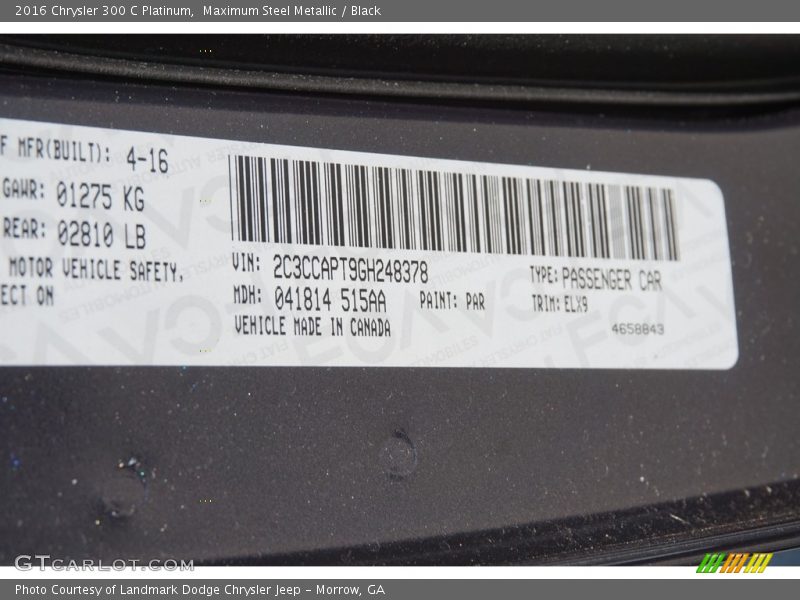 Maximum Steel Metallic / Black 2016 Chrysler 300 C Platinum