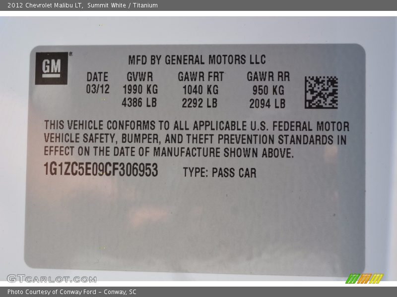 Summit White / Titanium 2012 Chevrolet Malibu LT