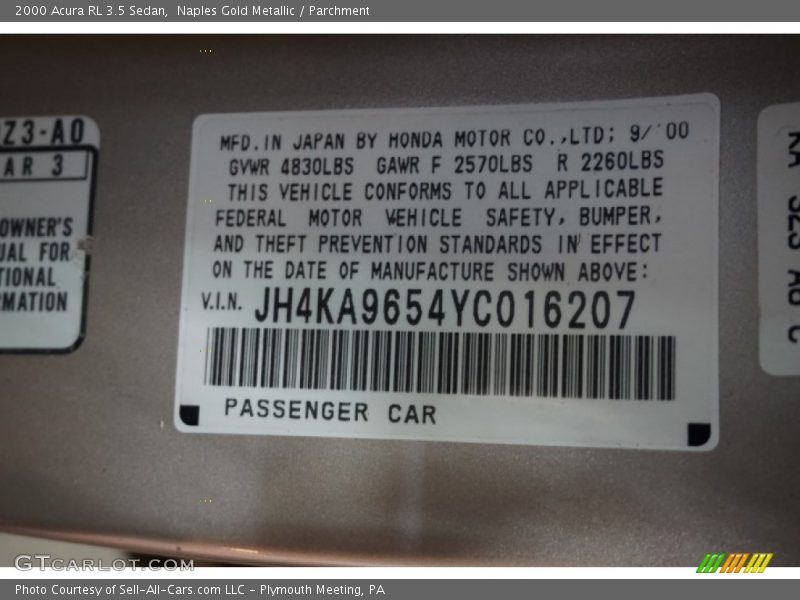 Naples Gold Metallic / Parchment 2000 Acura RL 3.5 Sedan