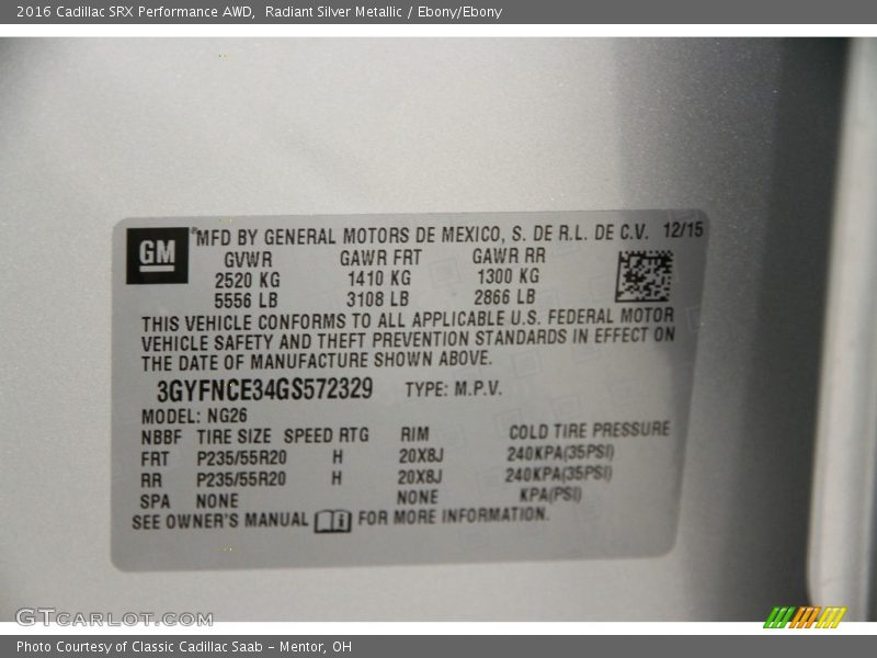 Radiant Silver Metallic / Ebony/Ebony 2016 Cadillac SRX Performance AWD